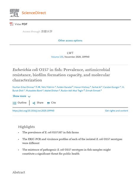 (PDF) Escherichia coli O157 in fish: Prevalence, antimicrobial .